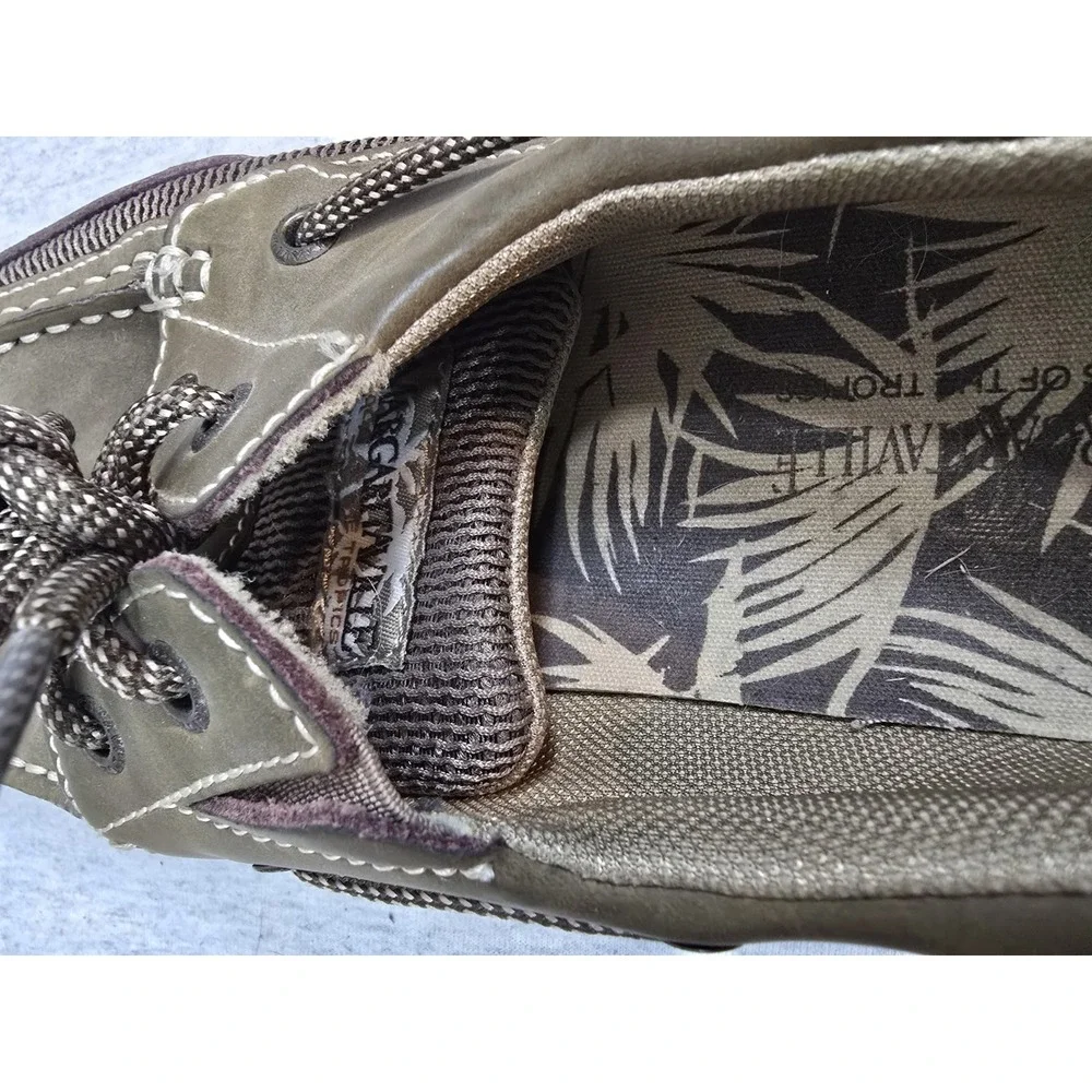 Margaritaville Mens Boat Shoes Size 8 Brown Leather Mesh Loafers Palm Tree Logo
